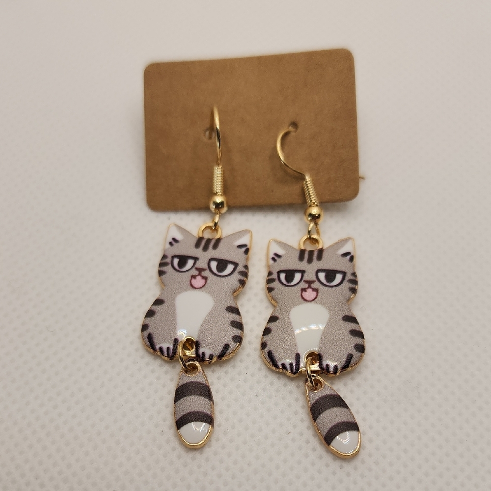 Gray‎ Cat Earrings with Whimsical Design